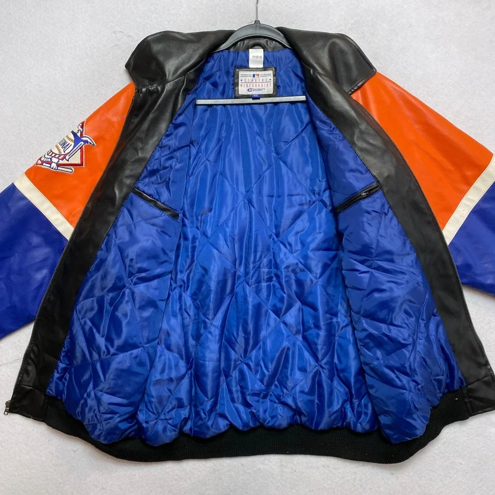 New York Mets Jacket Mens Large Black Faux Leather Varsity Bomber G-III Sports